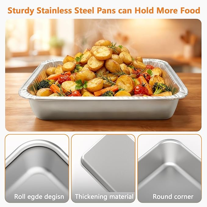 9x13 Baking Pan - Rectangle Cake Pan Deep Heavy Duty Stainless Steel Oven Safe Roasting Baking Pan for Lasagna Brownies Casseroles, with Half Size 10 Pack Disposable Aluminum Foil Pans 9x13