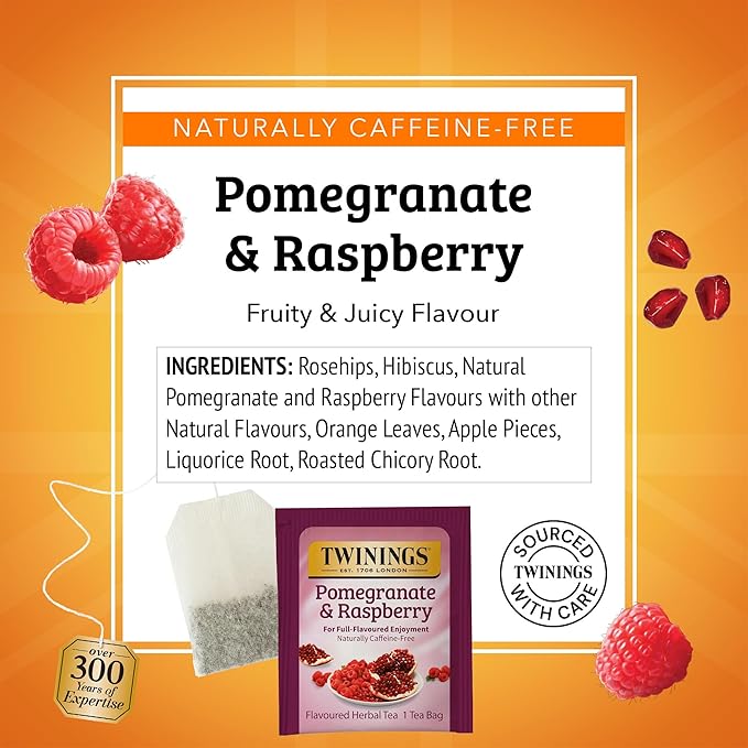 Twinings Pomegranate & Raspberry Herbal Tea Individually Wrapped Bags, 100 Count (Pack of 1), Naturally Caffeine-Free, Enjoy Hot or Iced, 100 Teabags