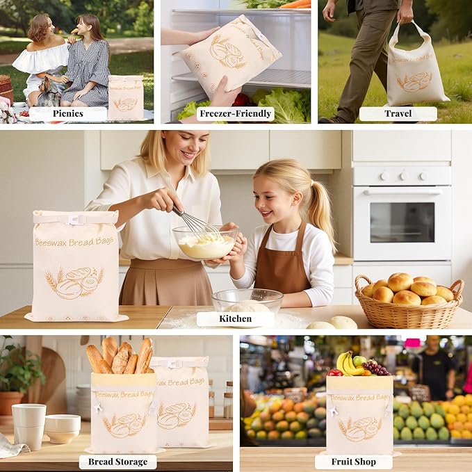 Homelove 2 Pack Beeswax Bread Bags for Sourdough Homemade Bread - Reusable Organic Linen Bag Cotton Lining Sourdough Natural Beeswax Bread Storage Bag, Keep Fresh and Upgraded XLarge Capacity Portable