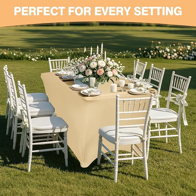 2 Pack 6 Feet Champagne Spandex Tablecloth for Rectangular Tables, Fitted & Stretch, Washable, Wrinkle Resistant, Perfect for Event, Wedding, Party, Banquet, Cocktail, Festival, and Table Protector