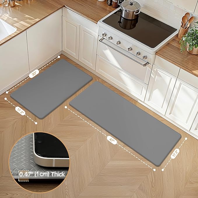 GENIMO Kitchen Mats for Floor 2PCs, Washable Anti Fatigue Mat for Cushioned, 17.3"x47"+17.3"x30", Waterproof Kitchen Rugs, Non Slip Comfort Standing Mat Rug for Home, Sink, Laundry, Neutral Gray