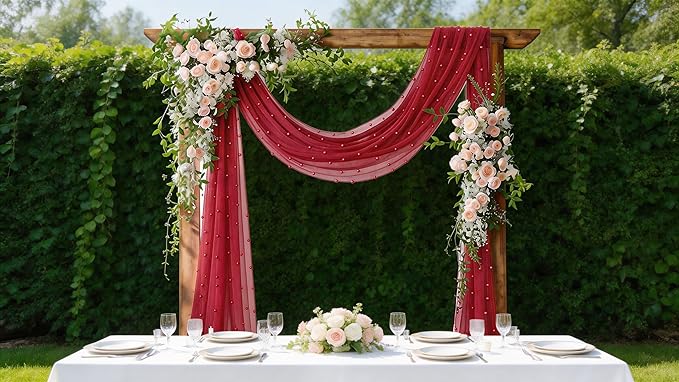 Socomi Pearl Table Runner Red Summer Wedding Arch Draping Fabric 19FT Sheer Tulle Chiffon Gauze Cheese Cloth Outdoor Drapes for Birthday Party Baby Shower Bridal Engagement Decor