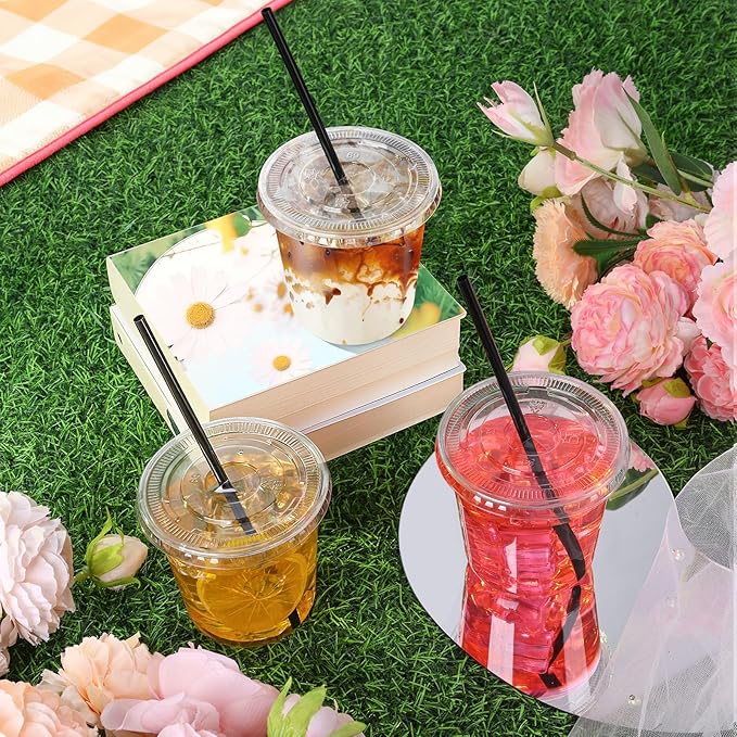 tchrules 100 Set 12oz Plastic Cups with Lids and Straws, Disposable Clear Iced Coffee Cup with Lid, Round Bottom Plastic To Go Cups for Cold Drinks Slushie Smoothie Lemonade Party Picnic Shop Supplies