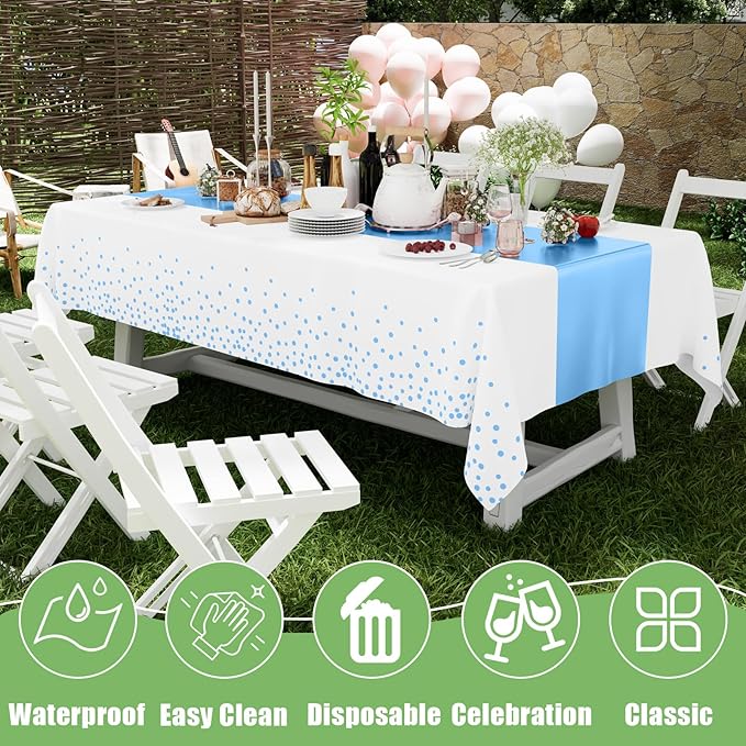 Smiry Plastic Table Cloth Disposable 8 Pack, 54 x 108 Inch Rectangle Waterproof Tablecloth, Printed Gold Table Runner Style for Birthday Weeding, Party, Leakproof & Sturdy, White and Baby Blue