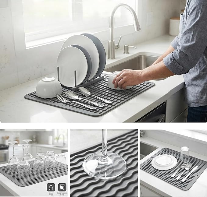 Silicone Dish Drying Mat for Kitchen Counter or Sink, Refrigerator or Drawer Liner, Easy Clean, Eco-Friendly, Heat-Resistant, Grey, 16 inches x 12 inches