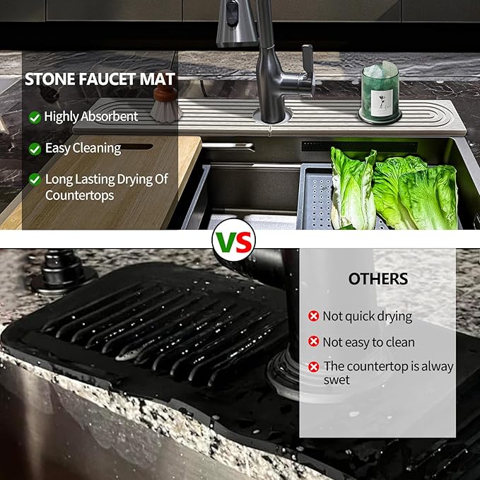 Faucet Mat For Kitchen Sink, 20" Diatomite Absorbent Faucet Mat, Sink Stone Quick Dry Around Faucet, Super Absorbent, Sink Splash Guard For Kitchen Counter (Light Gray)