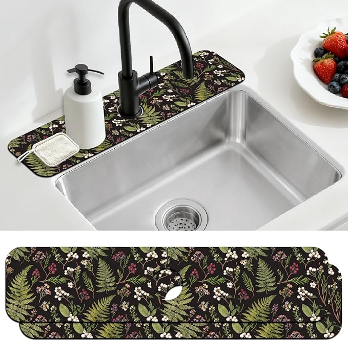 2 Pcs Kitchen Sink Splash Guard Faucet Mats Vintage Fern and Berries Pattern Faucet Mat for Sinks Absorbing Drying Mat for Kitchen Bathroom, 23.6x5.5inch