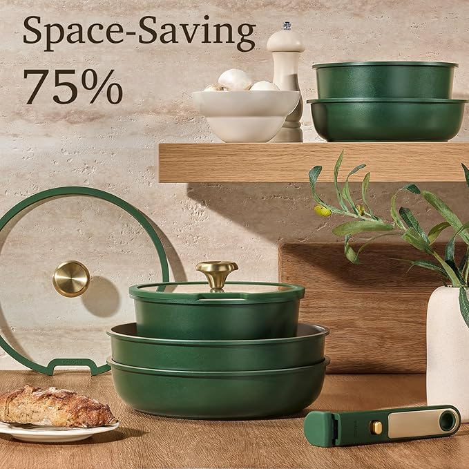 CAROTE Green&Gold Nonstick Cookware Set,15Pcs Pots and Pans Set Non Stick Detachable/Removable Handle,Kitchen Cooking Set Dishwasher Safe, RV Kitchen Pot and Pan, Induction Cookware