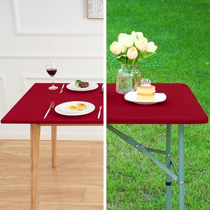 Fitted Rectangle Tablecloth 24 x 48 Inch Elastic Table Cloth for 4ft Table, Stretch Spandex Tables Cover Burgundy Washable Polyester Tables Top Cap Cover for Dining Picnic Camping Indoor and Outdoor
