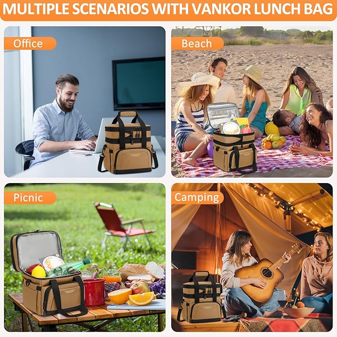 Vankor Lunch Box for Men Women, Large Double Layer Insulated Lunch Bag Tote Expandable Leakproof Waterproof Cooler Bag with Adjustable Shoulder Strap for Work Office Picnic Travel, Khaki