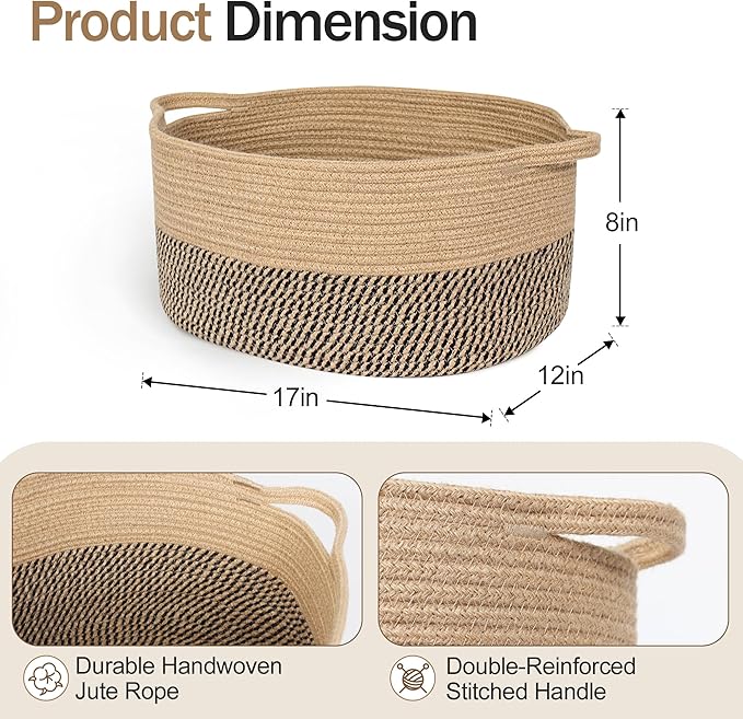 MEGASKET Jute Wicker Basket with Handles, 17"x12"x8" Medium Woven Storage Baskets for Organizing Kids Toy, Gifts, Book, Towel, Cloth, Boho Storage Bin for Shelves, Entryway, Closet, Home Decor