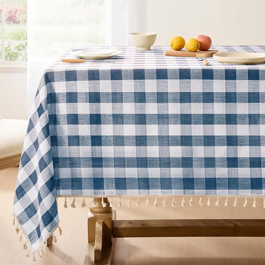 Softalker Checkered Tablecloth Rectangle, Outdoor Linen Cotton Gingham Table Cloth with Tassel, Heavy Duty Wrinkle Free Buffalo Plaid Table Cover for Kitchen Dining Summer Party - 55 x 84 Inch, Navy