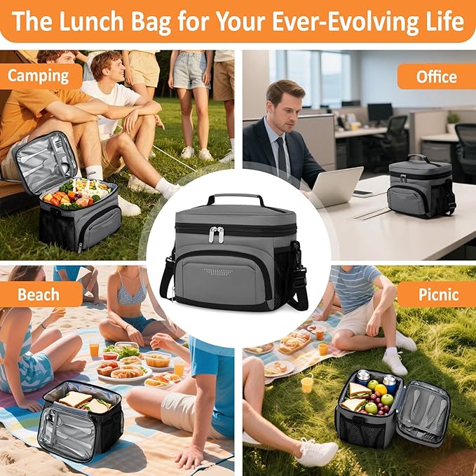 Vankor Insulated Lunch Bag for Men Women, Reusable Lunch Box Leakproof Cooler Lunch Tote Bag with Adjustable Shoulder Strap for Work Office Picnic Beach Travel, Grey