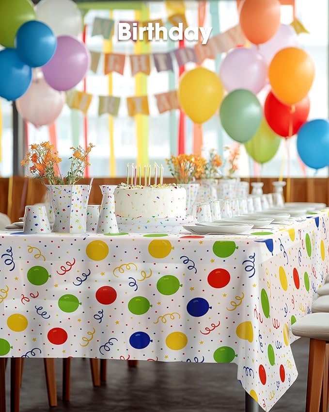 Pureegg Plastic Table Cloth Disposable 10 Pack, 54 x 108 Inch Table Cloths, Birthday Party Decorations, Picnic, White Tablecloths, Rectangle, Colorful, Rainbow Cover, Leakproof & Sturdy, Balloon