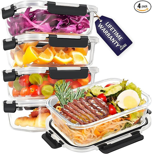 HOTEC 35OZ Glass Food Storage Container, Airtight Glass Lunch Fruit Containers with Lids - Microwave, Oven, Freezer and Dishwasher Safe, 4-PACK