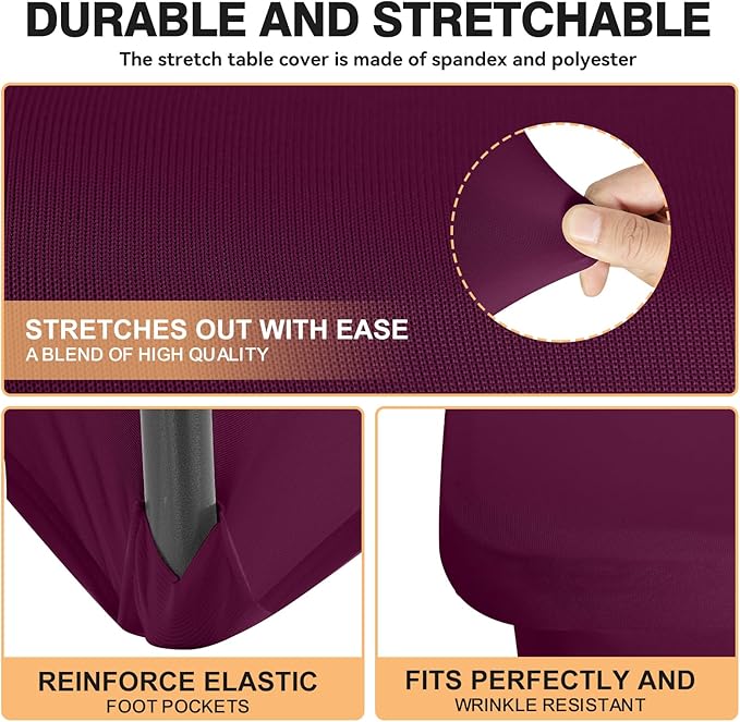 2 Pack 6 Feet Burgundy Spandex Tablecloth for Rectangular Tables, Fitted & Stretch, Washable, Wrinkle Resistant, Perfect for Event, Wedding, Party, Banquet, Cocktail, Festival, and Table Protector