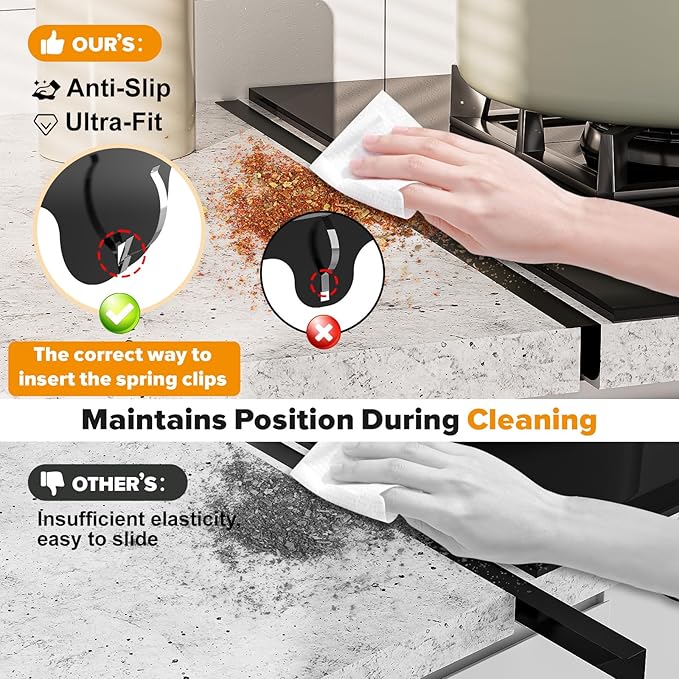 Stove Gap Covers - 304 Stainless Steel Oven Side Gap Filler, 2 Pack Stove Gap Filler Retractable Length 13.8" to 27.5", Spring Clip Design Fitting Gap Strong Guard Between Stove Top & Counter - Black