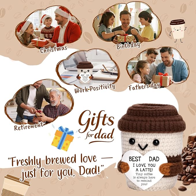 OCCdesign Mini Fathers Day Dad Gifts from Daughter Son Wife Crochet Coffee Cup Birthday Gifts for Men Father Husband Bonus Dads Stepdad Father-in-Law Daddy Best Dads Ever Gift Father's Day Ideas