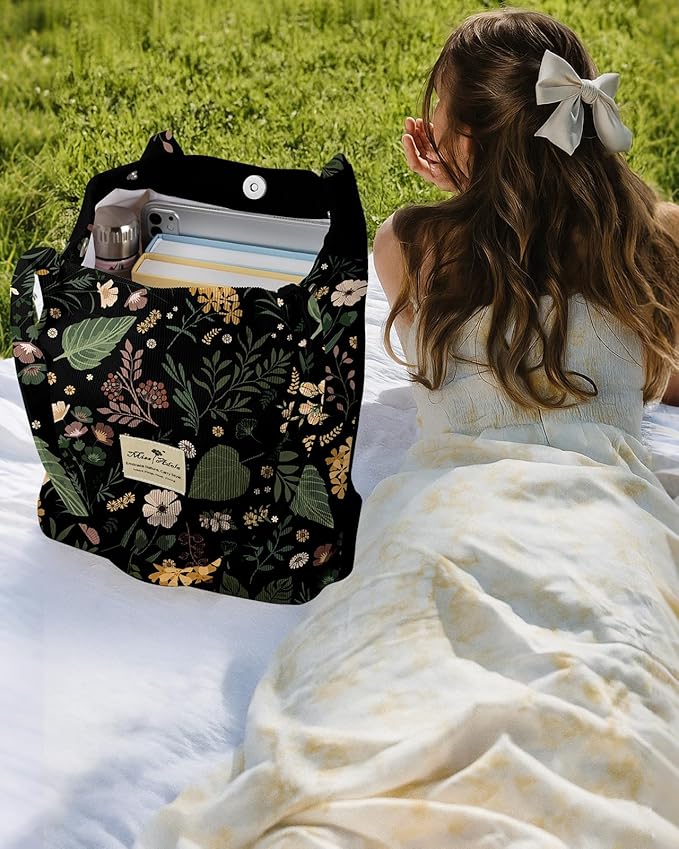Miss Adola Corduroy Tote Bag for Women - Reusable Totes with Magnetic Buckle & Pocket Aesthetic Design Work Grocery Bags