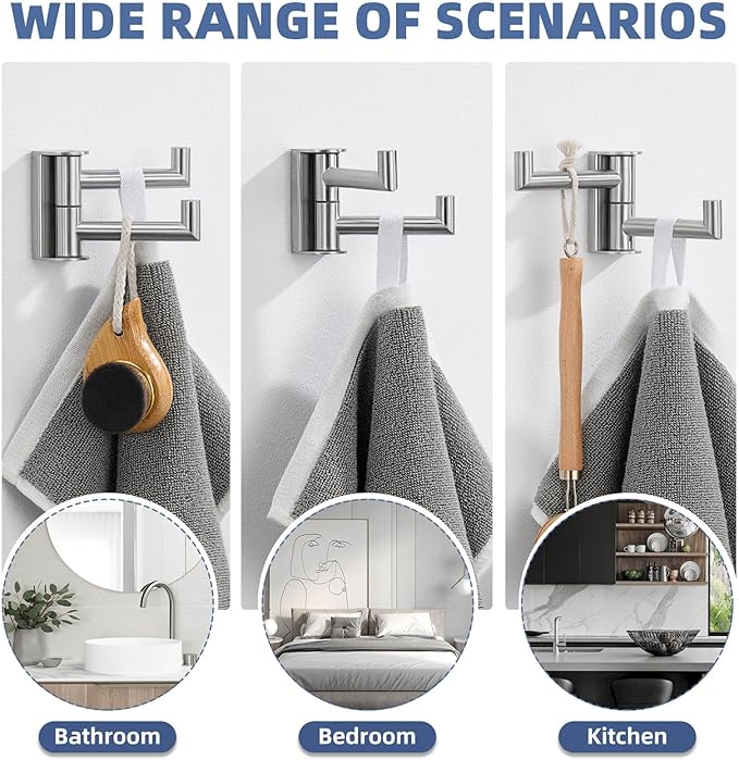 Angle Simple Swivel Towel Hook, SUS 304 Stainless Steel Hand Towel Hook for Bathroom, Foldable Robe Coat Hanger, Brushed Nickel