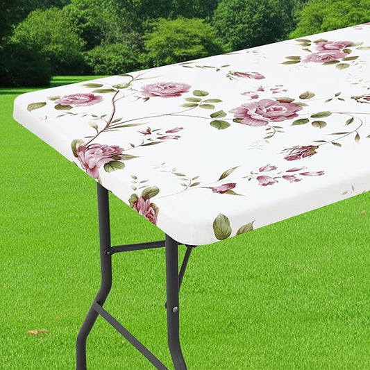 Smiry Spandex Fitted Tablecloth for 4 Foot Rectangle Tables, Washable Picnic Table Cover with Elastic, Stretch Reusable Table Cloth for Outdoor, Camping, Dining & Kitchen (Flowers, 30"x48")
