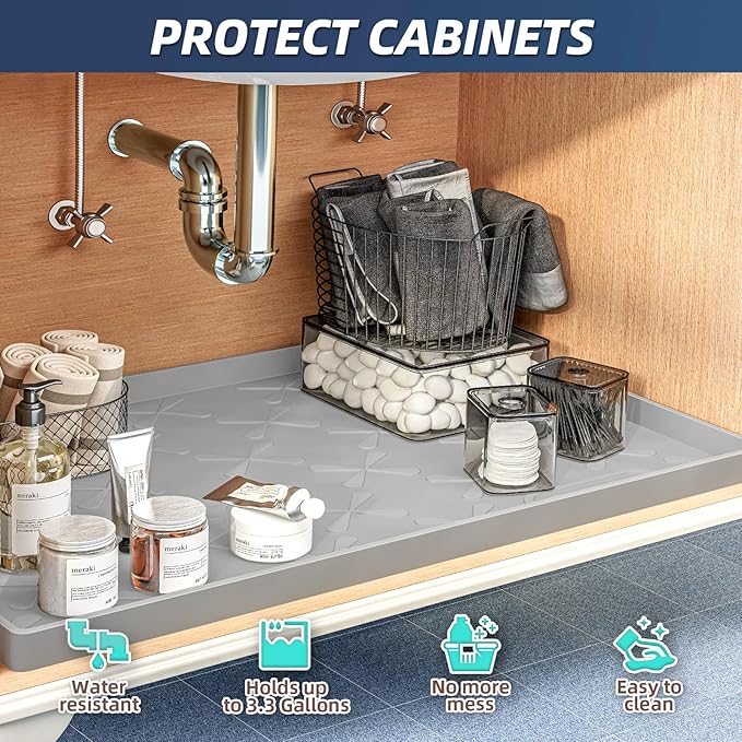 SIKADEER 25" x 19" Under Sink Mat Waterproof, Silicone Mat Kitchen Drawer Shelf and Cabinet Liner, Sink Protector for Kitchen Organizers and Storage, Boot Tray Pet Food Mats