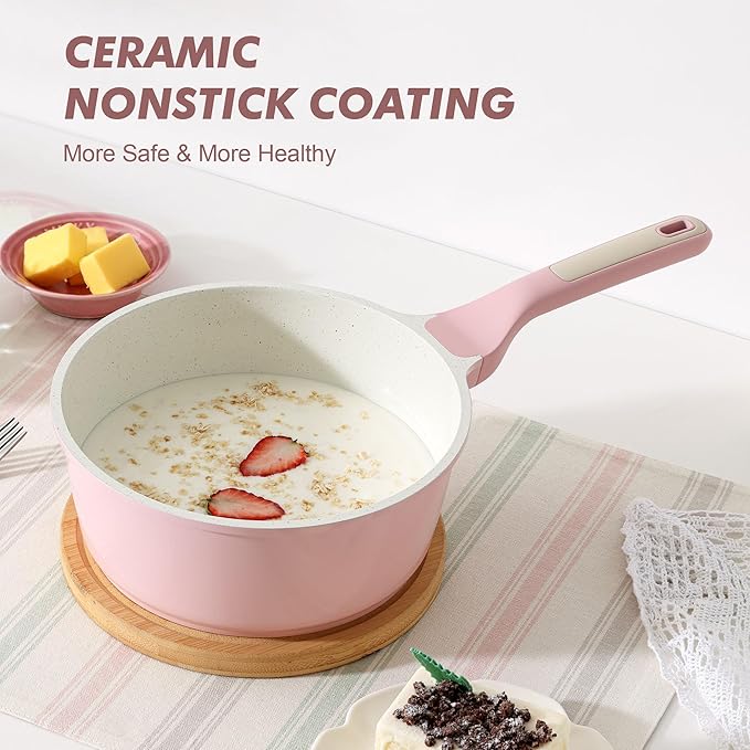 SENSARTE Ceramic Nonstick Saucepan with Lid 2.0 Quarts, Small Kitchen Cooking Pot with Stay Cool Handle, Induction Compatible, Ceramic Coating, Free of Intentionally Added PTFE/PFOA/PFAS, Sakura Pink