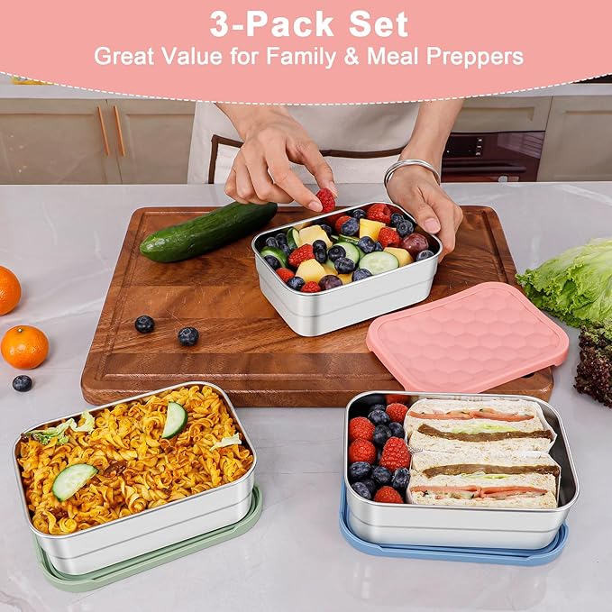 Caperci 25oz Large Stainless Steel Food Containers, 3-Pack Bento Lunch Box with Silicone Lids, Leak-Proof Reusable Meal Prep Container for Sandwiches & Snacks, BPA-Free (720ML)