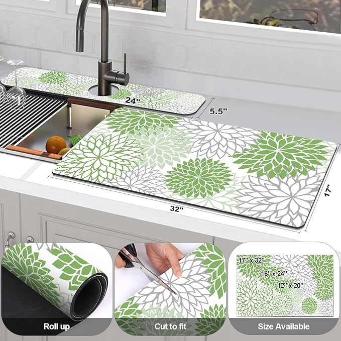 Findosom 2PCS 17" x 32" Dish Drying Mat & 24" x 5.5" Sink Splash Guard, Super Absorbent & Cuttable Dish Mat Drying Kitchen Mat with Green Floral, Hide Stain Drying Mat for Kitchen Counter