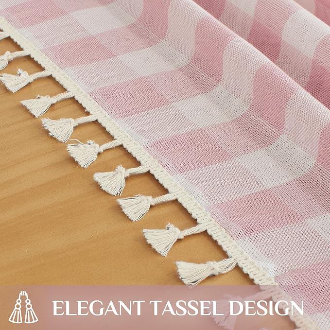 Softalker Pink Gingham Tablecloth Rectangle, Outdoor Linen Cotton Checkered Table Cloth with Tassel, Heavy Duty Wrinkle Free Buffalo Plaid Table Cover for Kitchen Dining Home Party - 55 x 120 Inch