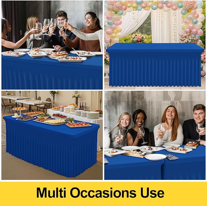 Smiry Spandex Tablecloth 2 Pack, Elastic Fitted Stretch Tablecloth for 8FT Rectangle Tables, Waterproof Washable Table Cover Skirt for Outdoor, Wedding, Banquet & Parties (Blue, 96Lx30Wx30H Inch)