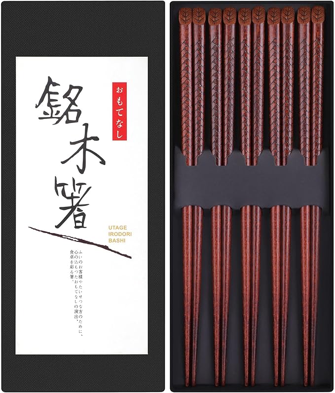 Antner 5 Pairs Hardwood Chopsticks Japanese Style Reusable Hand-Carved Chopsticks Natural Wood Chop Sticks with Gift Box, Dishwasher Safe