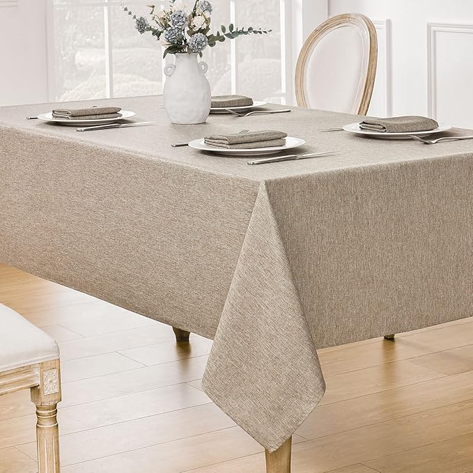 Veblandy 2 Pack Rectangle Tablecloth, 60x104 inch, Water Resistant Wrinkle Free Linen Textured Table Cloth Washable, Decorative Fabric Table Cover for Dining, Party and Camping, Mocha