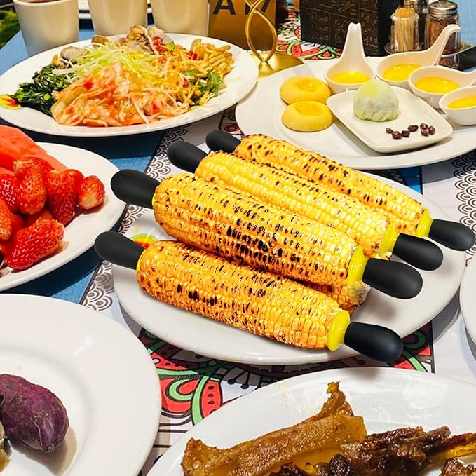 12 Pcs/6 Pairs Corn Holders, Stainless Steel Corn Cob Holders Corn on The Cob Skewers for Home Cooking BBQ Parties Camping, Yellow-Black