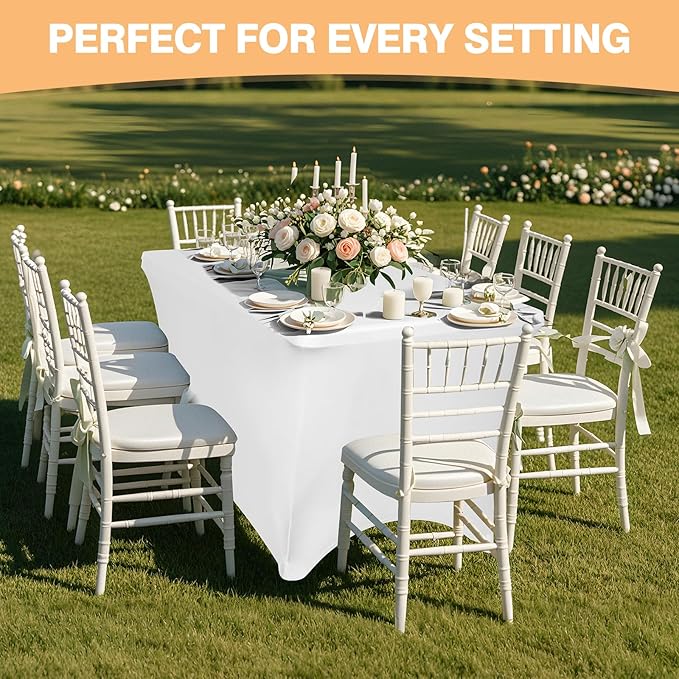 2 Pack 5 Feet White Spandex Tablecloth for Rectangular Tables, Fitted & Stretch, Washable, Wrinkle Resistant, Perfect for Event, Wedding, Party, Banquet, Cocktail, Festival, and Table Protector