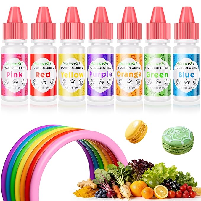 Natural Food Coloring Kit - 7 Colors Dye Free Natural Food Dye, FD&C Artificial Dye Free Liquid Food Coloring for Baking, Cake Decorating, Frosting, Easter Eggs, Fondant & Cookies, 6ml (0.25 fl oz)