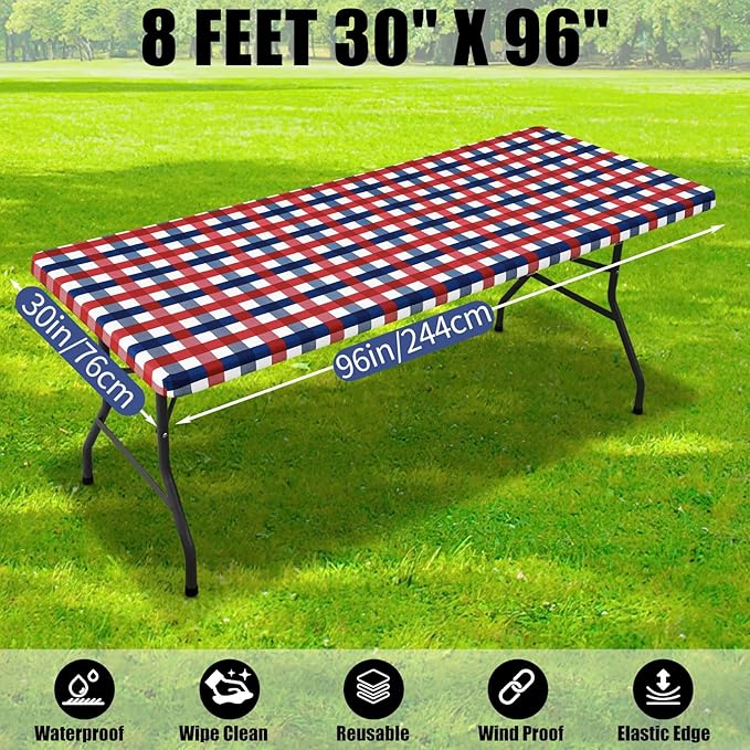 Smiry Picnic Table Cloth 2 Pack, Waterproof Elastic Fitted Tablecloths for 8FT Rectangle Tables, Washable Polyester Buffalo Plaid Tablecloth for Camping & Outdoor (Red & Blue, 30" x 96")