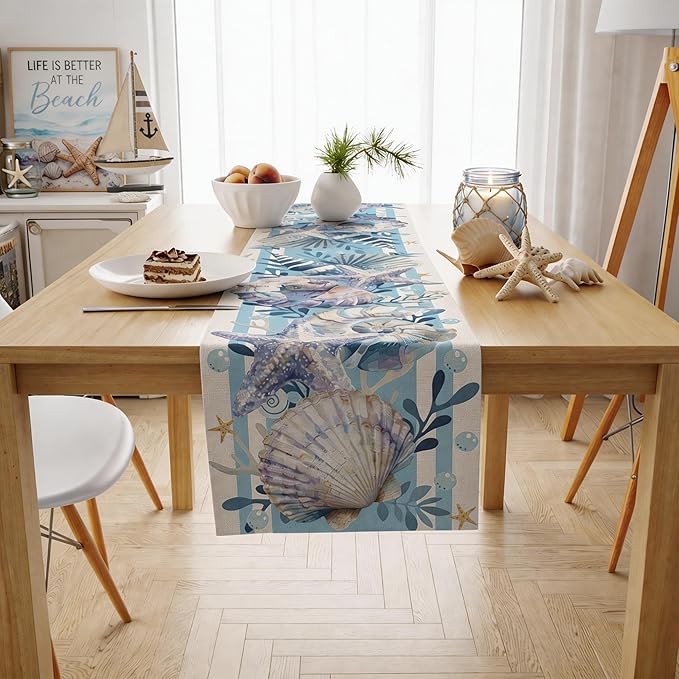 Beach Party Decorations - Sea Shell Starfish Table Runner | Summer Decor for Beach Themed Birthday Party Favors - Ocean Dining Table Decoration for Pool Outdoor Indoor