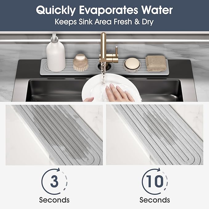 Quick Drying Stone Faucet Mat for Kitchen Sink - Diatomite Sink Mat Absorbing Stone Tray for Bathroom Counter, Sink Faucet Splash Guard Water Protector Matt for Kitchen Counter(Light Gray, 17.7"x3.9")