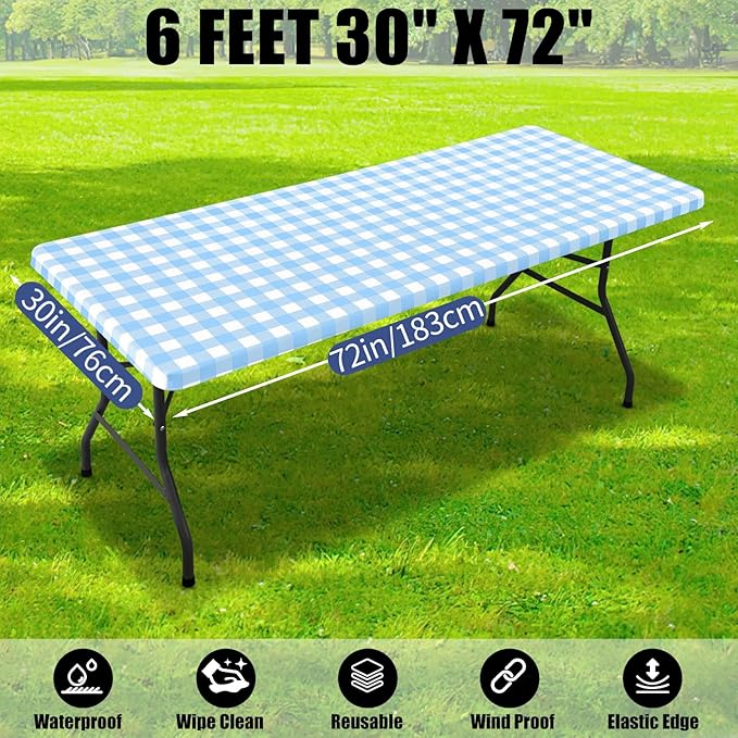 Smiry Picnic Table Cloth 2 Pack, Waterproof Elastic Fitted Tablecloths for 6FT Rectangle Tables, Washable Polyester Buffalo Plaid Tablecloth for Camping & Outdoor (Light Blue & White, 30" x 72")
