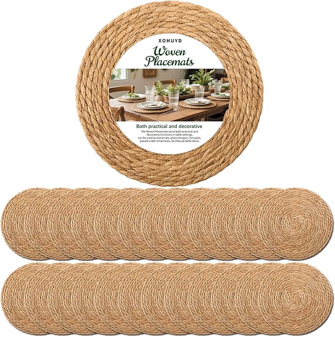 13 Inch Round Woven Placemats Set of 24, Boho Farmhouse Rustic Rattan Wicker Braided Chargers for Dining Table, Water Hyacinth Jute Place Mats for Dinner Plates, Outdoor Patio & Wedding Decor