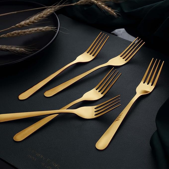 Unokit 24-Piece Stainless Steel Dinner Forks Silverware - 8 Inch Silver Dinner Forks Set of 24, Forks Set, Flatware Forks for Home, Kitchen or Restaurant, Mirror Polished, Dishwasher Safe, Gold