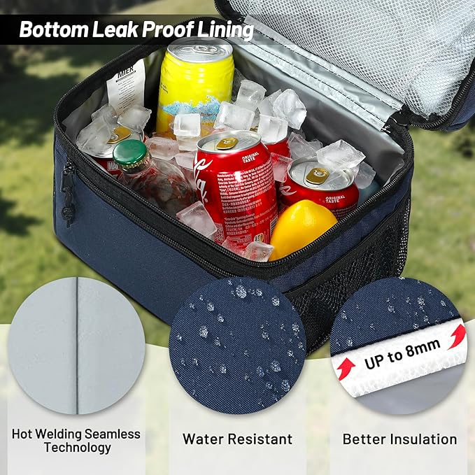 MIER Insulated Lunch Box Dual Compartment Lunch Bag Leakproof Cooler for Men Women Adult Work, Navy Blue, Medium (Upgraded Extra-Tall Bottom Layer)