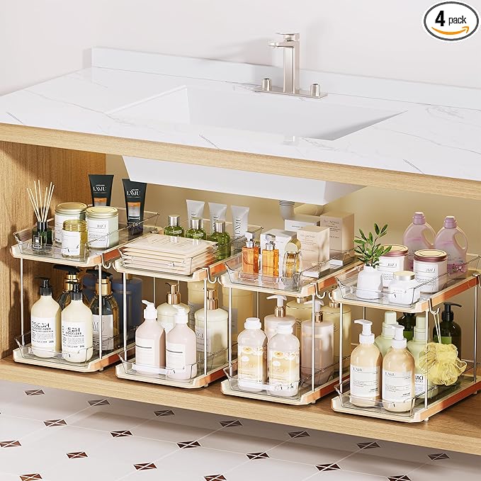 DELAMU Under the Sink Organizer, 2-Tier Pull-Out Cabinet Drawers with Adjustable Shelf & Hooks, Under Sink Cabinet Organizer for Bathroom, Kitchen, Vanity & Every Household(Wood Grain, 4 Pack)
