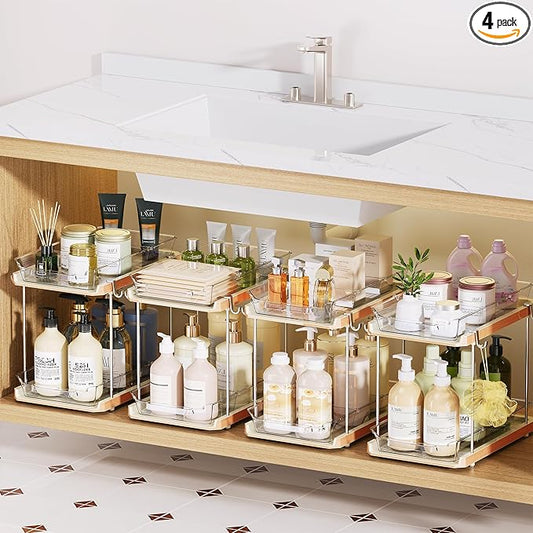 DELAMU Under the Sink Organizer, 2-Tier Pull-Out Cabinet Drawers with Adjustable Shelf & Hooks, Under Sink Cabinet Organizer for Bathroom, Kitchen, Vanity & Every Household(Wood Grain, 4 Pack)