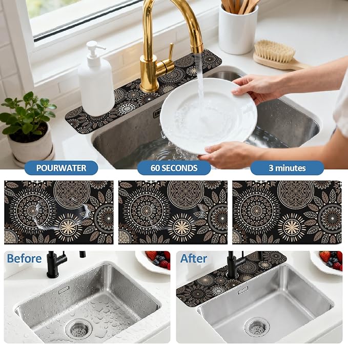 2 Pcs Kitchen Sink Splash Guard Faucet Mats Mandala Pattern Faucet Mat for Sinks Leaves Absorbing Drying Mat for Kitchen Bathroom, 23.6x5.5inch