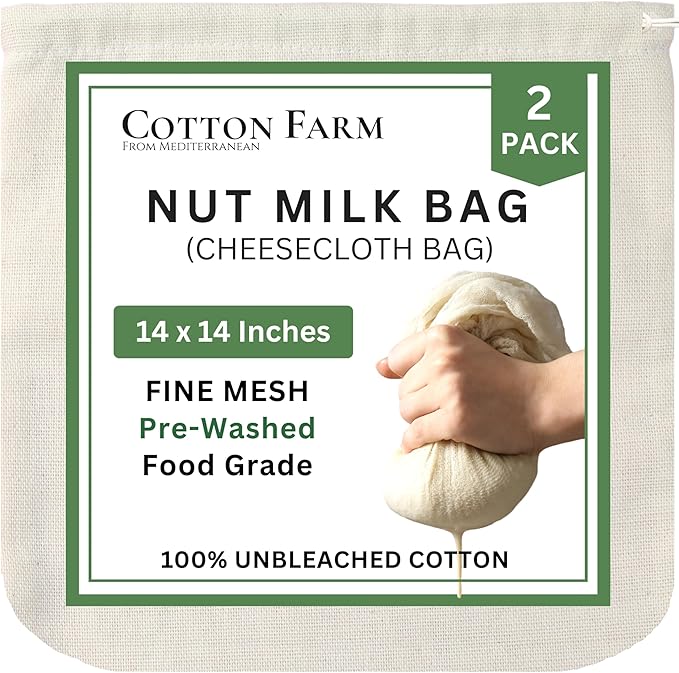 Cotton Farm Nut Milk Bag & Cheese Cloth Bag (Ultra Dense), XL 14 × 14 Inch, 100% Unbleached Cotton Cheesecloth for Precise Food Straining, Washable & Reusable