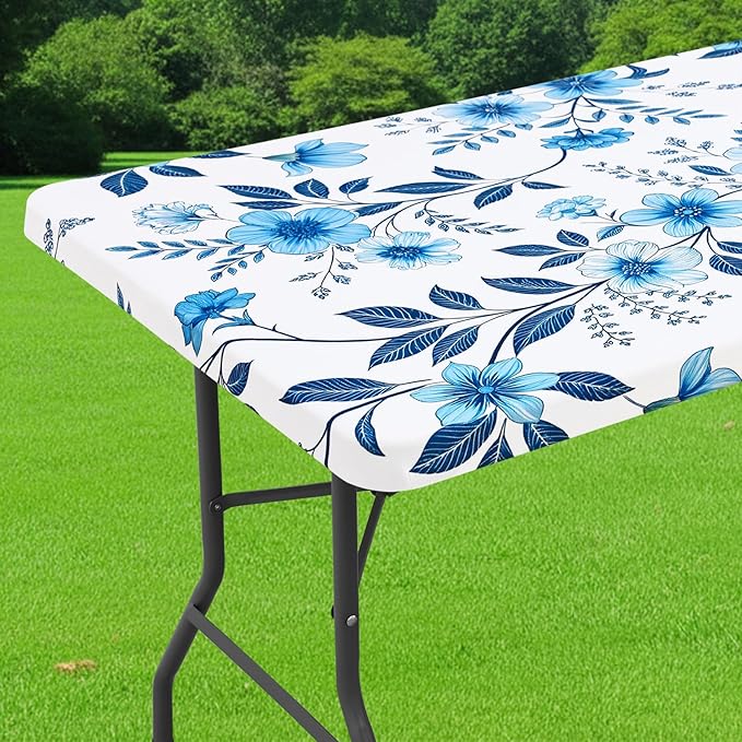 Smiry Spandex Fitted Tablecloth for 4 Foot Rectangle Tables, Washable Picnic Table Cover with Elastic, Stretch Reusable Table Cloth for Outdoor, Camping, Dining & Kitchen (Blue Flower, 30"x48")