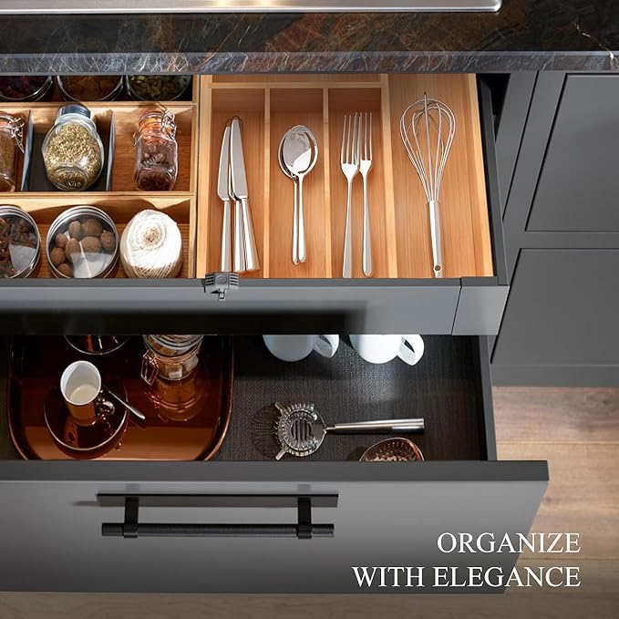 Bamboo Silverware Organizer, Kitchen Drawer Organizer, Utensil Holder, Cutlery Tray & Spoon Flatware Storage with Grooved Drawer Dividers (12''W x 16.5''D)