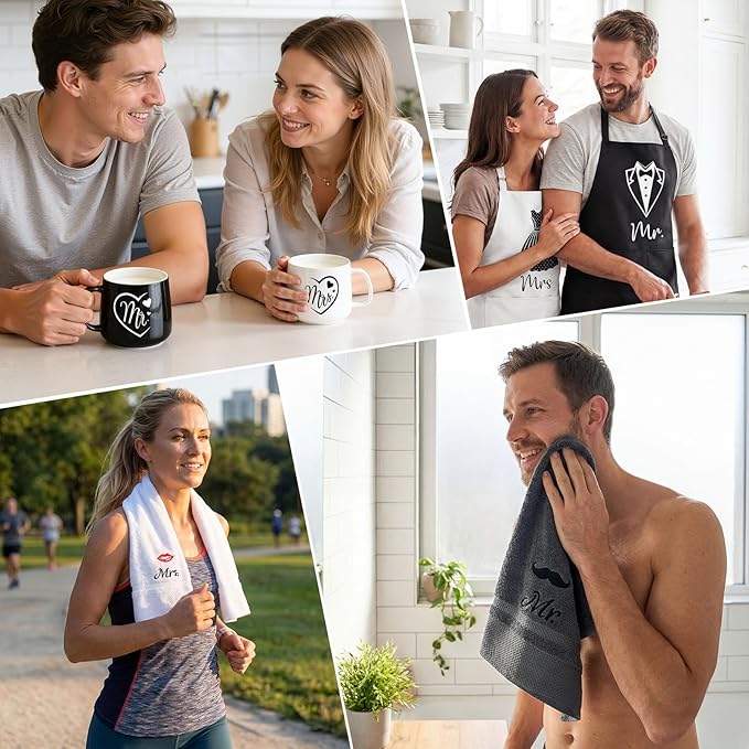 TUZELIYA Wedding Gifts for Couples, Bridal Shower Gift for Bride To Be, Engagement Gifts for Newlyweds, His and Hers Mr and Mrs Anniversary Set with Aprons, Coffee Mugs and 100% Cotton Towels